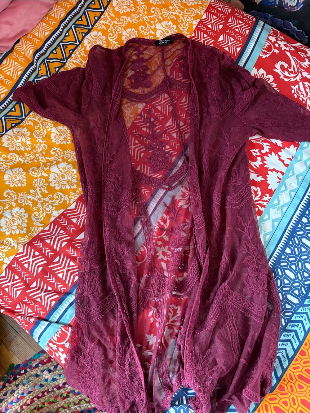 Miss Chievous Burgundy Lace-Trim Open Front